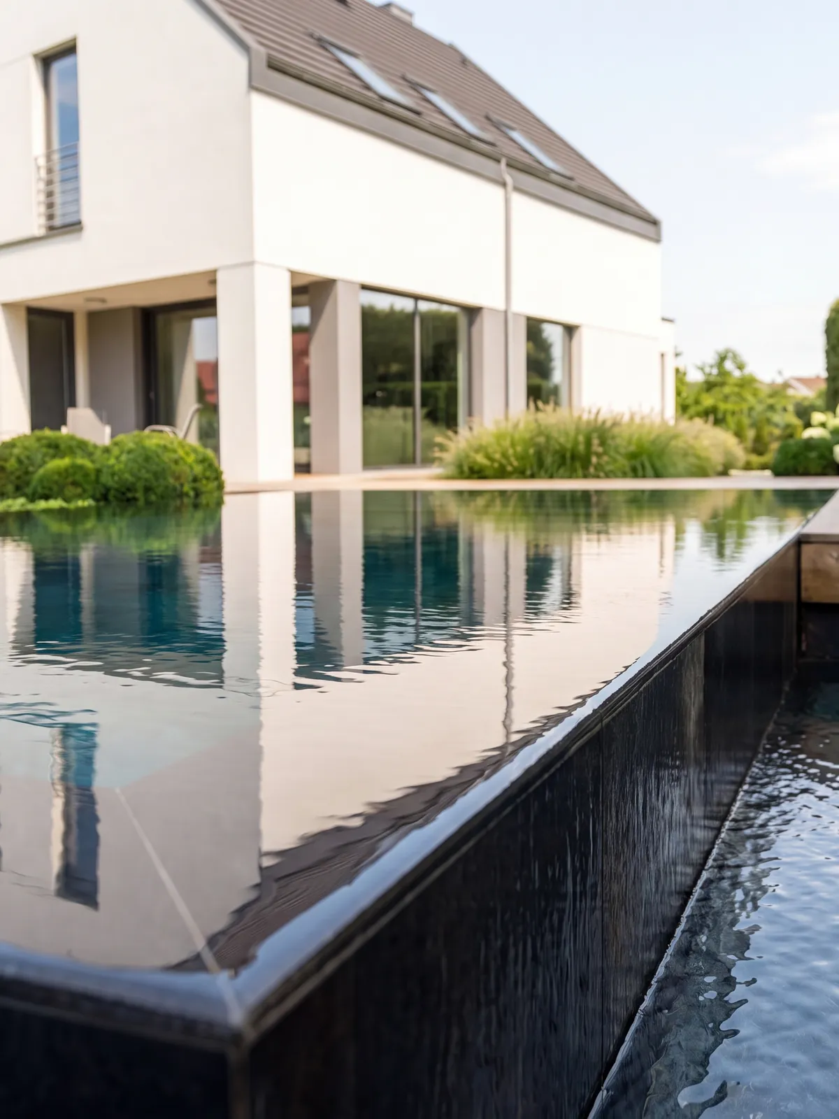 Fokus-Ansicht des Pools im gestalteten Garten