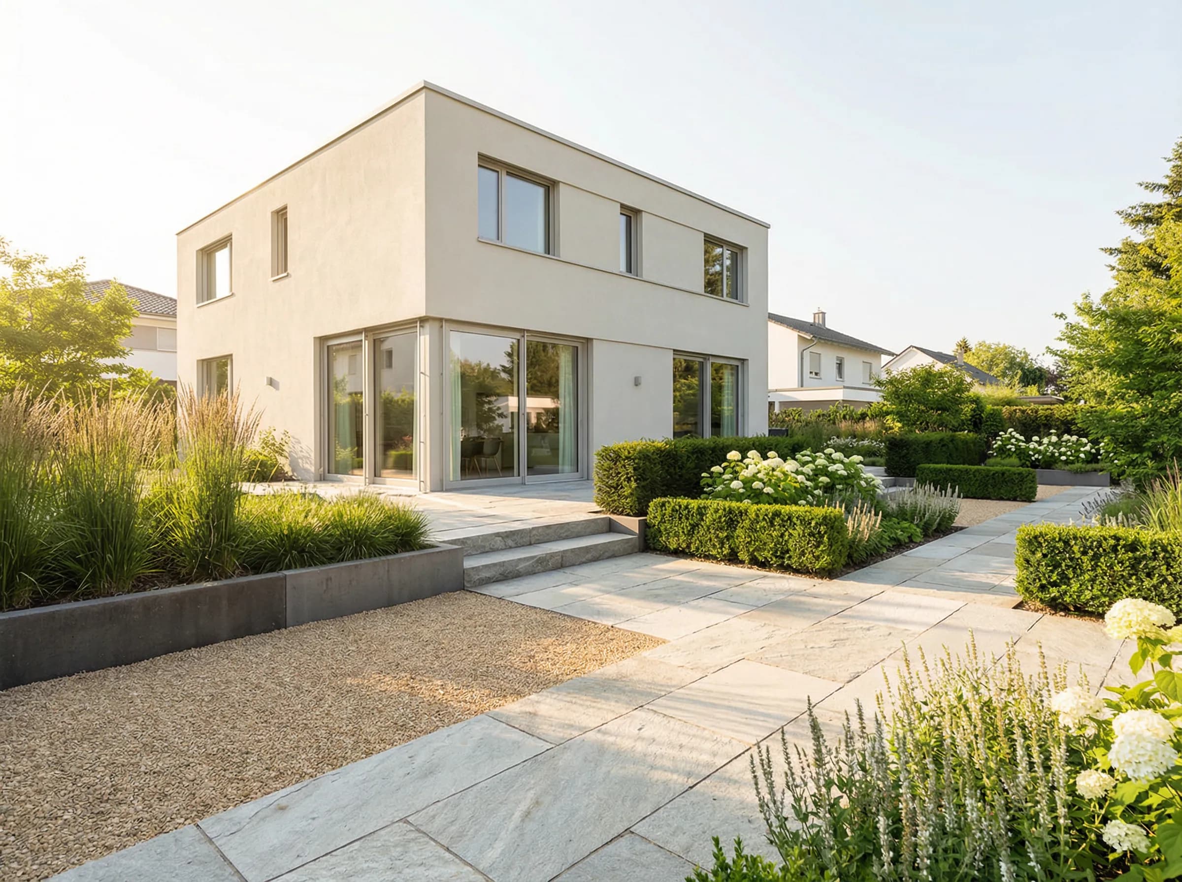 Kubisches Wohnhaus mit moderner Gartenarchitektur