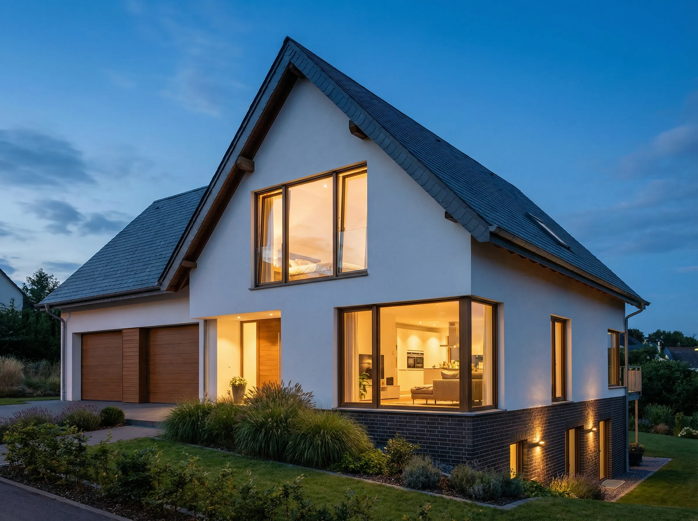 Wohnhaus mit beleuchtetem Garten in der Abenddämmerung