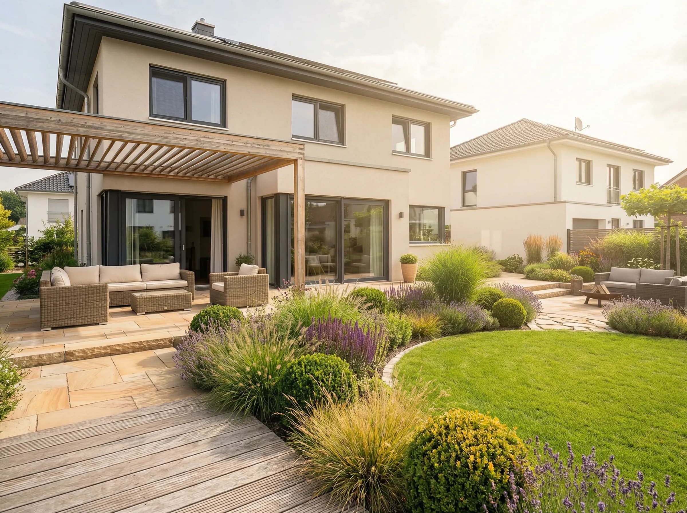Terrasse avec pergola en bois, pierre naturelle et massifs de vivaces