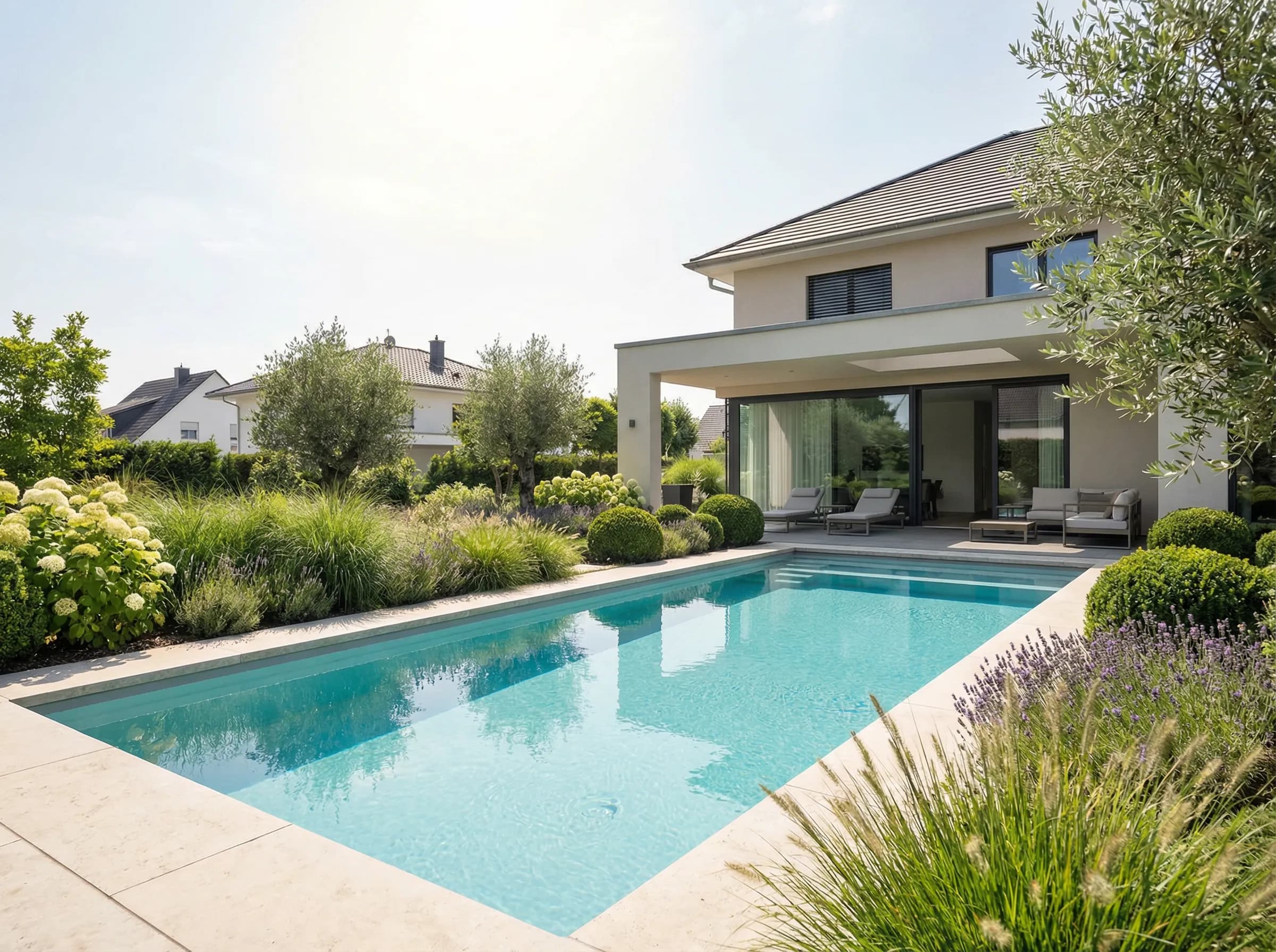 Sonniger moderner Garten mit Pool, Lavendel und Gräsern