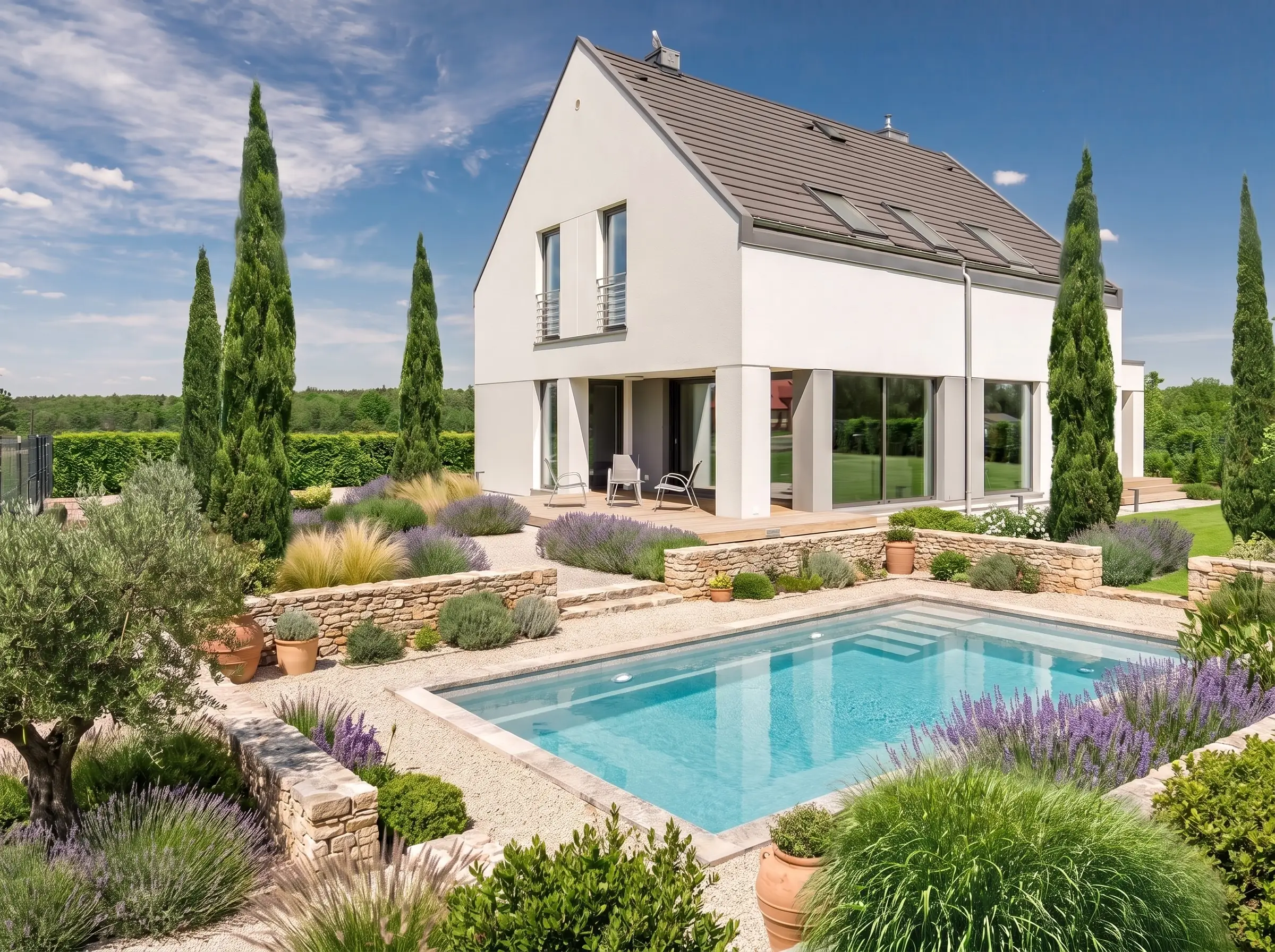 Drone view of the Mediterranean garden with pool and lavender
