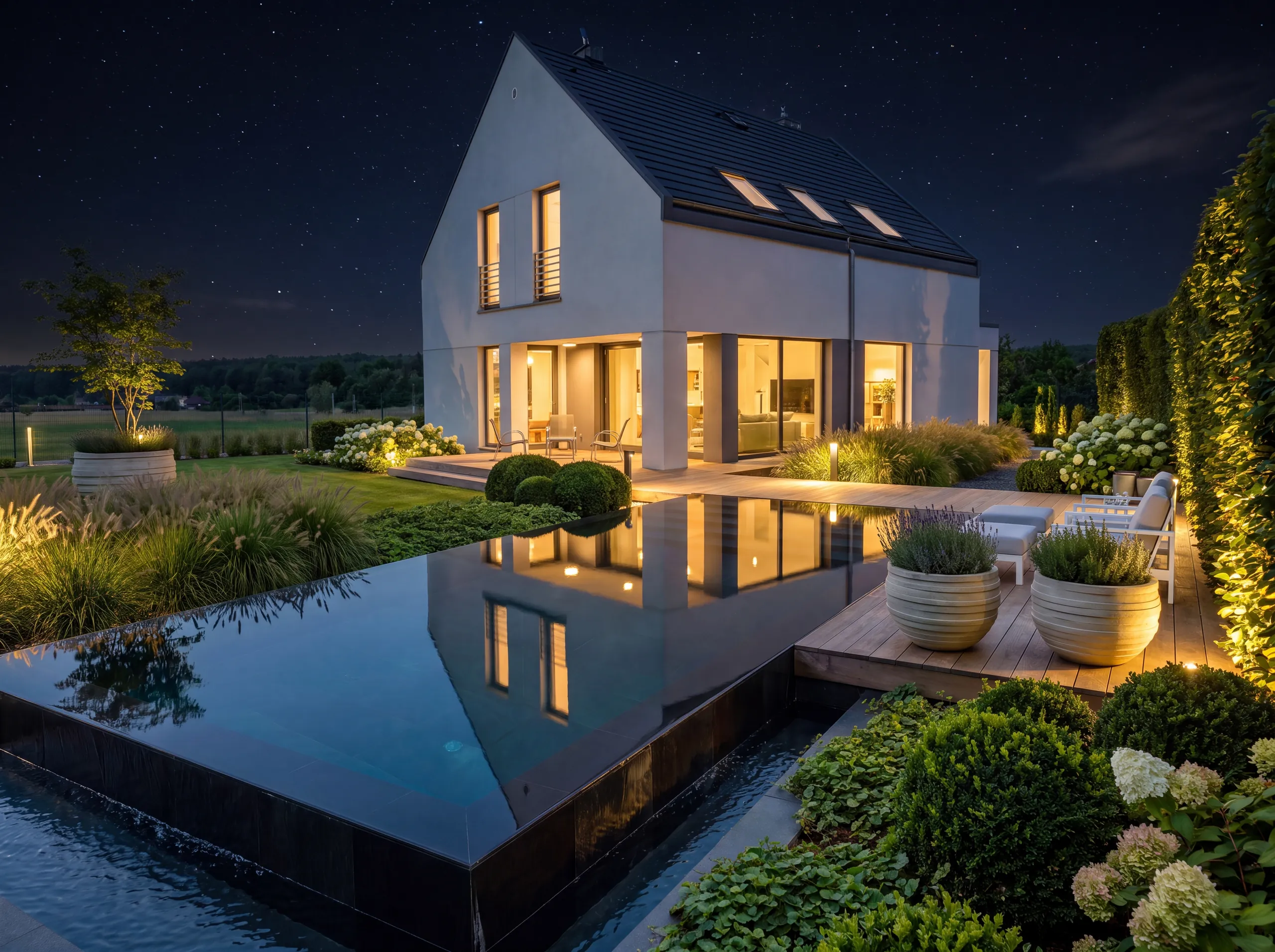 Evening variant of the garden design with lighting
